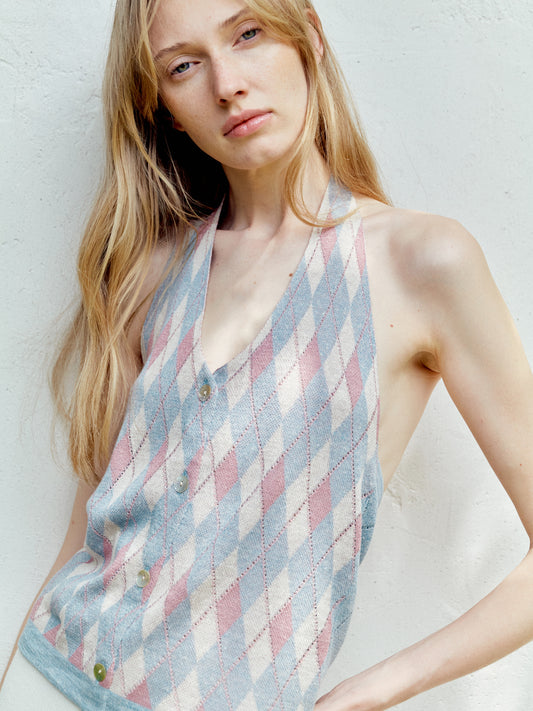 COSYCOZY Acetate-Linen Argyle Halter Top