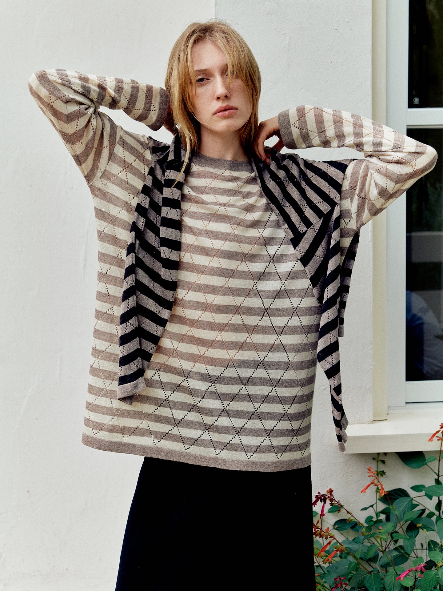 COSYCOZY Oversized Acetate-Linen Striped T-Shirt