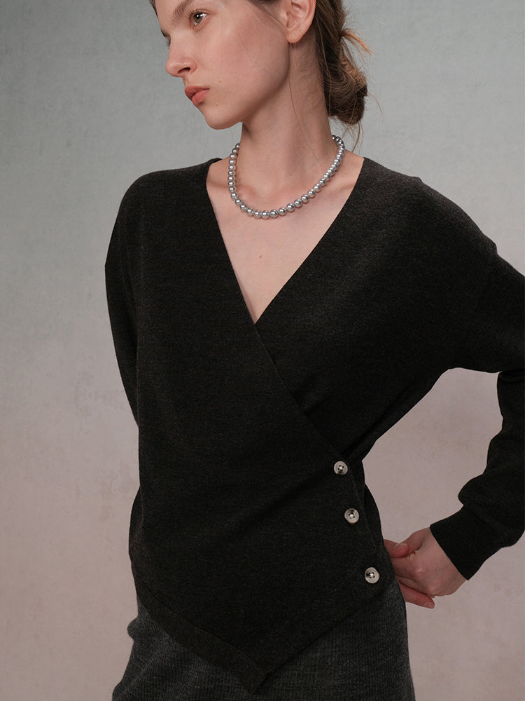 Wool Slant Collar Knitted Top