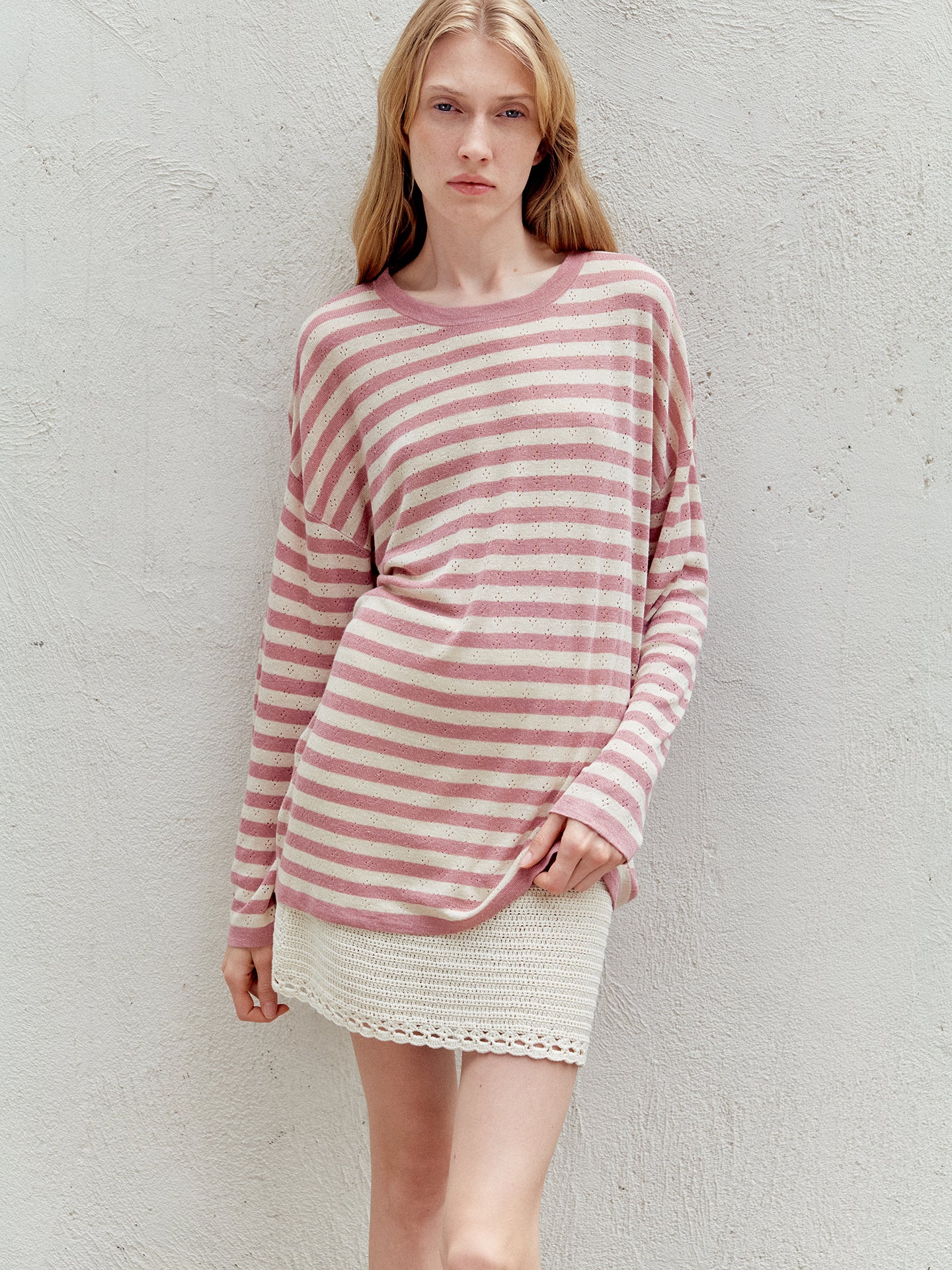 COSYCOZY Oversized Acetate-Linen Striped T-Shirt