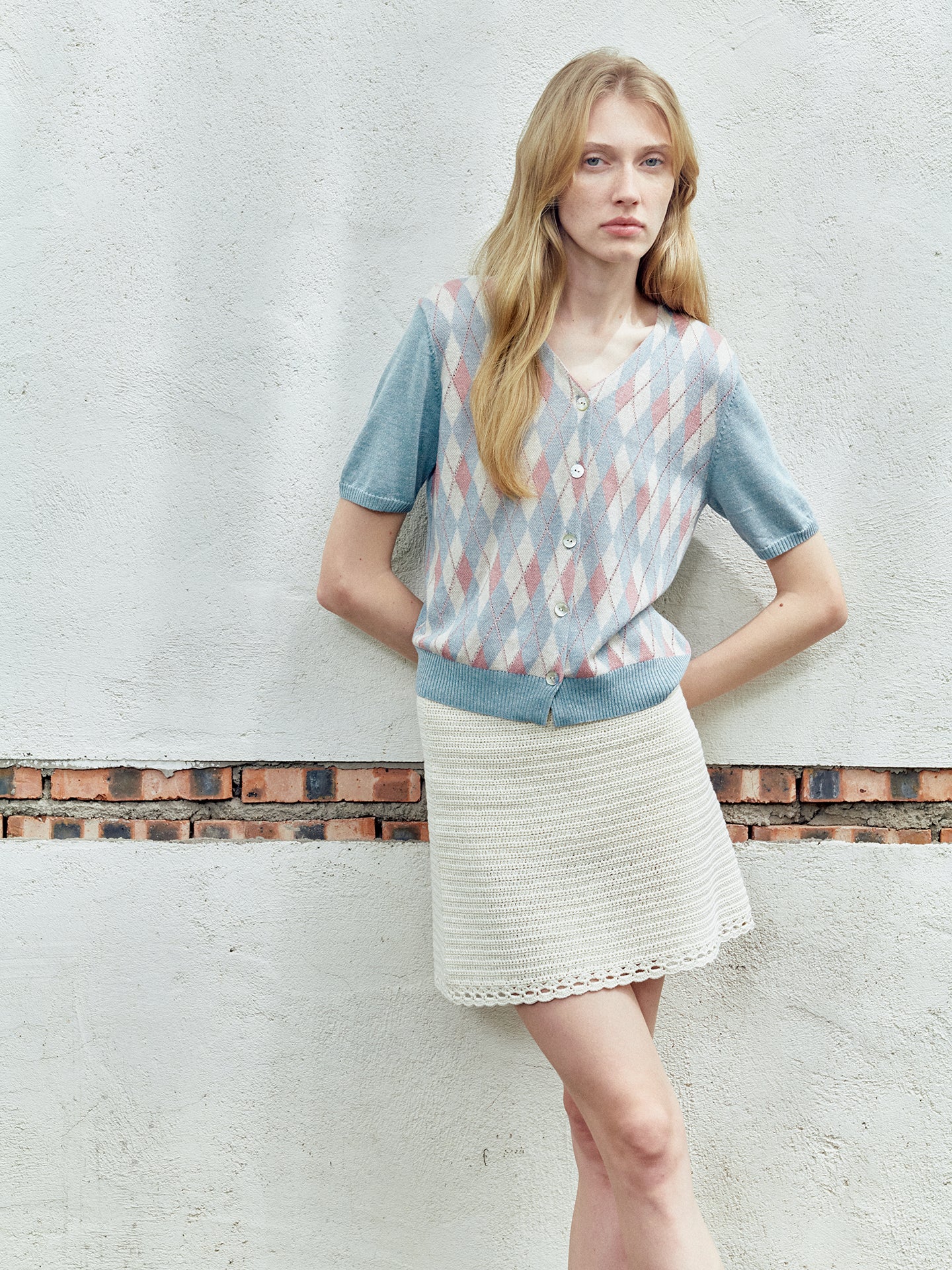 COSYCOZY Argyle Short-Sleeve Cardigan