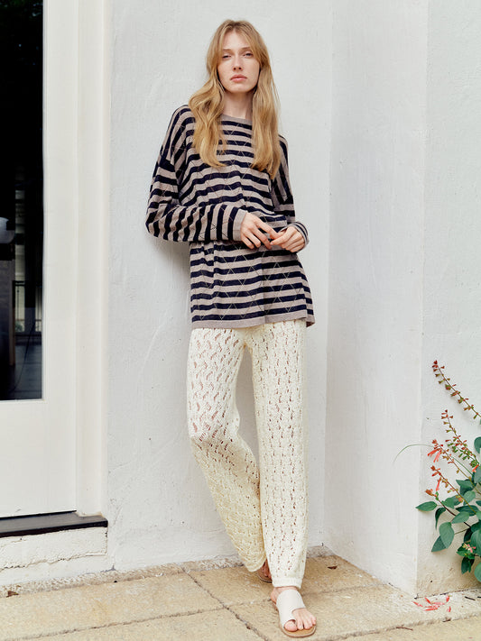 COSYCOZY Oversized Acetate-Linen Striped T-Shirt